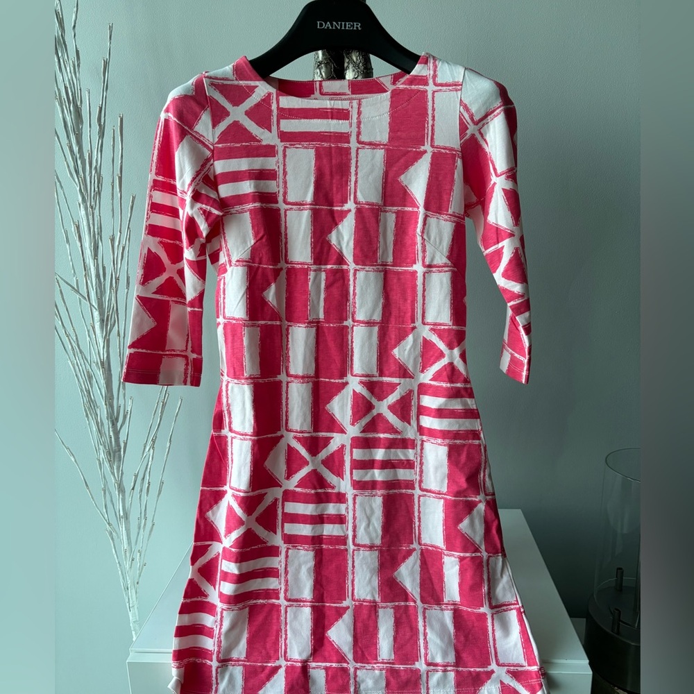 New💥Mahi Gold cotton Pink and White Geometric mini Dress